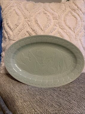 Celadon Longquan Green Ceramic koi Fish Relief Serving Platter Vintage Chinese